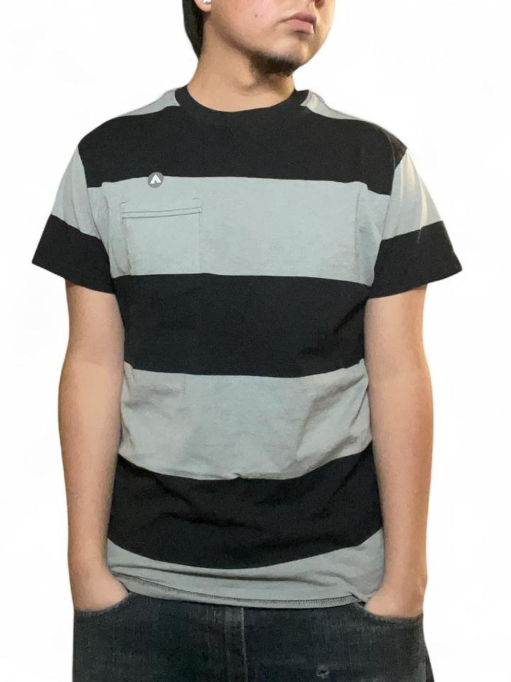 Airwalk Men's Grey‎ and Black Striped Short Sleeve Pocket Rugby T-Shirt